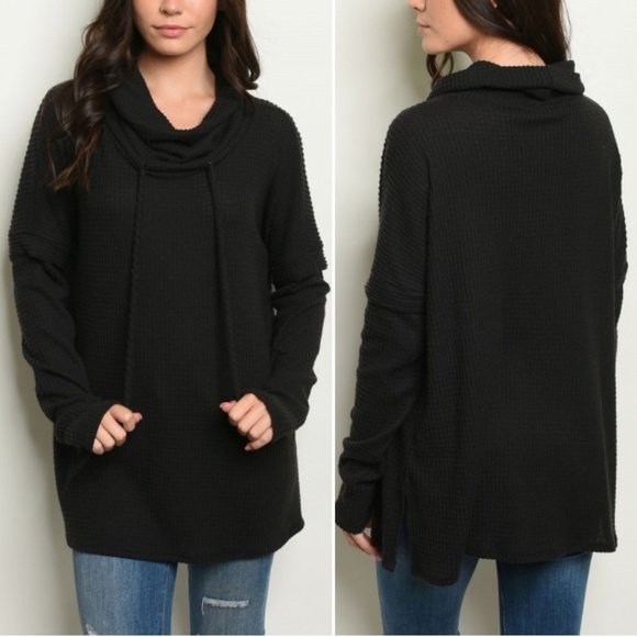 WAFFLE KNIT COWL NECK TUNIC TOP - Picture 4 of 8